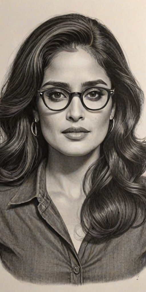 Bewitching Salma Hayek, pencil sketch, portrait of Magnificent woman 1947s in glasses, hair style beatnik, outline, clear lines, fine lines, 8k