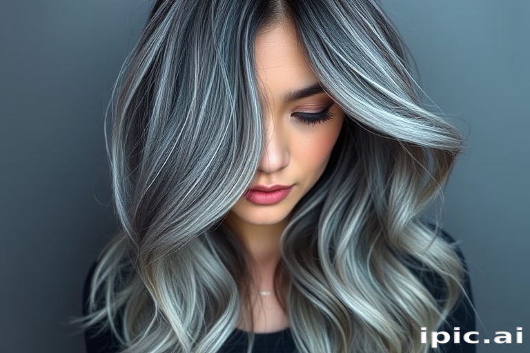 Smoky grey ombre flowing into steel blue, masterfully blended by "Urban Mist" colorists, with long, face-framing layers and soft beach waves, enhanced by subtle silver accents throughout, creating an ethereal, storm-cloud inspired aesthetic that's both dramatic and sophisticated.