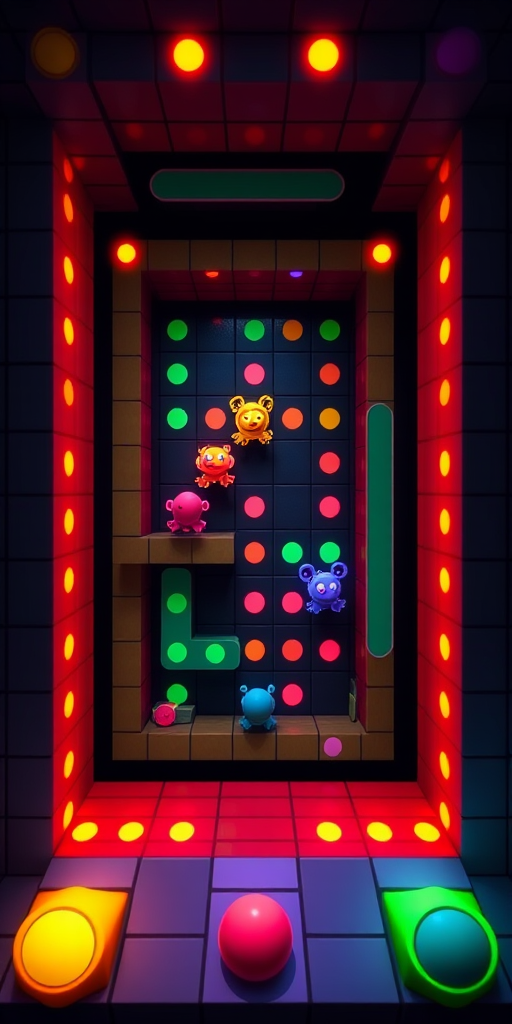 Create an enhanced digital illustration of a classic arcade game maze featuring colorful pixelated characters chasing dots, using a Canon EOS R camera with a 24-70mm lens, f/2.8 aperture, ISO 100, 1/60s shutter speed, top-down view, bright vibrant colors, and a high saturation style for improved image quality.