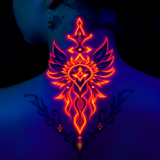 Mystical blacklight reactive tattoo called "Neon Shamanism" featuring tribal-inspired patterns and spirit animal motifs that remain nearly invisible in normal light but come to life with a vibrant glow under UV illumination intricate line work and sacred geometry elements blend seamlessly with the skin by day transforming into a luminous spiritual totem by night