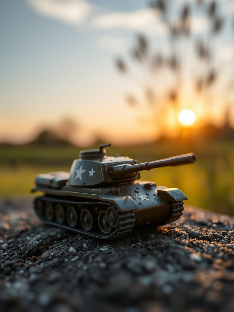 Create a highly detailed close-up shot of a vintage military tank model on a textured surface with a blurred natural background during golden hour, using a DSLR camera set at f/2.8 aperture, 1/250 shutter speed, ISO 200, with a 35mm lens to enhance depth of field and sharpen focus on the tank.