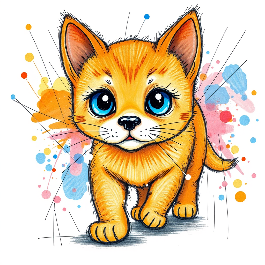 A vibrant childs coloured pencil drawn illustration of a bright orange dog with large, expressive blue eyes, a very cute style. The dog appears to be walking towards the viewer, surrounded by an abstract splash of colors and fine black lines, giving the image a dynamic and artistic flair. The background is a soft beige, highlighting the cat's vivid coloration and playful demeanor. Naively drawn scratchy line style.
