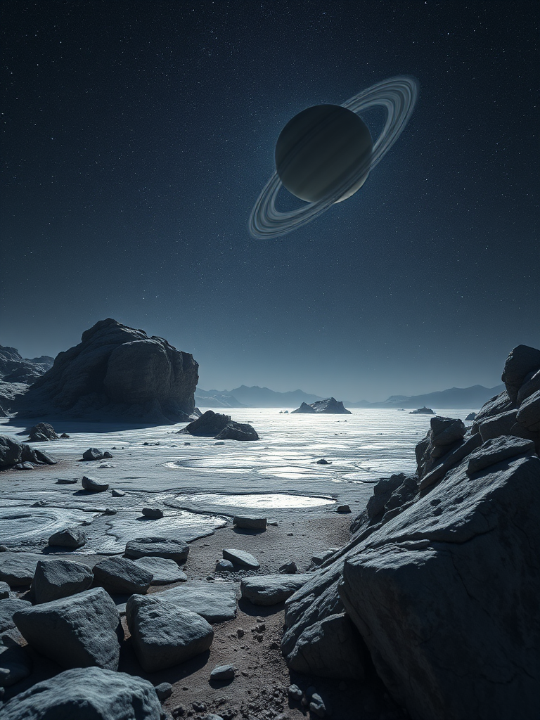 A stunning landscape of an alien moon with large rocky formations in the foreground, a shimmering icy surface reflecting starlight, and a detailed view of Saturn with its rings overhead, shot with a Canon EOS R5, 24mm lens, f/8 aperture, ISO 100, long exposure for enhanced star visibility, wide-angle view to capture the vastness of space.