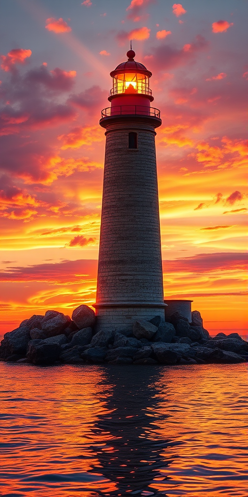 Generate an image of a tall lighthouse perched on a rocky outcrop surrounded by calm ocean waters during a breathtaking sunset. The lighthouse stands sturdy and weathered, its stone surface illuminated by the warm golden light of the setting sun. The sun's rays pass directly through the glass lantern room at the top of the lighthouse, casting a brilliant light across the scene. The sky is painted with vibrant shades of orange, pink, and purple, reflecting off the tranquil sea. The surrounding water shimmers with the same warm hues, creating a serene and majestic atmosphere.