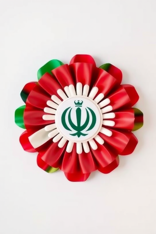 Create an image of a decorative rosette in the colors of the Iranian flag with a prominent emblem at the center, using a DSLR camera with a 50mm lens, f/2.8 aperture, 1/125 sec shutter speed, and ISO 100, taken from a top-down view with soft lighting to enhance details and colors.