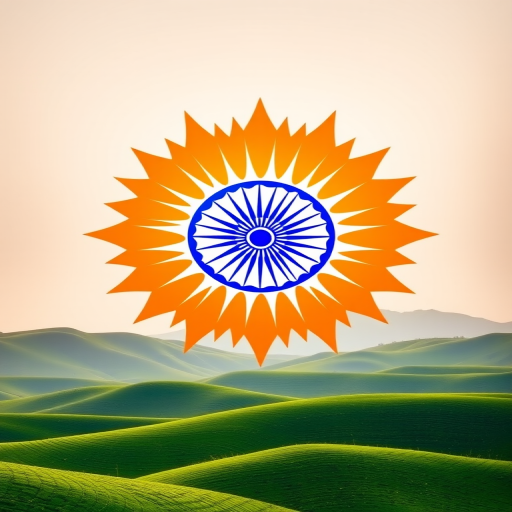Create a vibrant image of the Indian flag with a sunburst background in orange and white, featuring a blue Ashoka Chakra at the center, set against rolling green hills, captured with a DSLR camera at f/8 aperture, ISO 100, 24mm lens, in landscape orientation, using soft lighting for enhanced contrast and clarity.