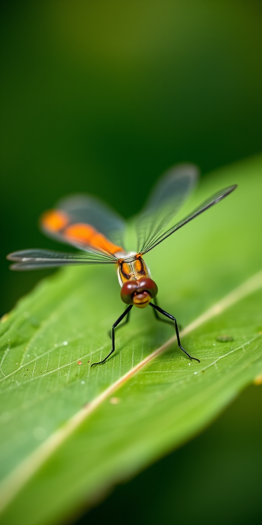 Capture a close-up image of a dragonfly resting on a leaf with a blurred green background, using a macro lens at f/2.8, shutter speed 1/500s, ISO 200, natural daylight, and a Canon DSLR camera.