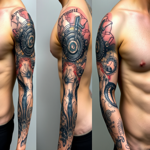 Biomechanical sleeve tattoo blending organic and mechanical elements, featuring exposed gears, pistons, and circuitry seamlessly integrated with muscle tissue and tendons for a futuristic cyborg appearance