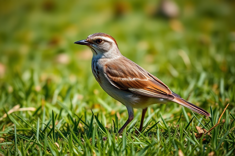 Create a detailed image of a bird standing on green grass, shot with a DSLR camera at 135mm focal length, aperture set to f/4 for a shallow depth of field, ISO 200 for low noise, in natural daylight, using a macro lens style for enhanced detail and clarity.