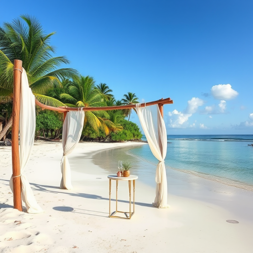 Create a picturesque tropical beach scene featuring a serene, white sandy shore. In the foreground, there's a rustic wooden canopy with white drapes gently flowing in the breeze. Underneath the canopy, a table is set with tropical decor, evoking a sense of relaxation and leisure. The beach extends into a calm, shallow water area with reflections of the sky and surroundings. Palm trees and lush greenery line the edge of the beach, providing a natural, tropical backdrop. The sky is clear with a few scattered clouds, and the overall atmosphere is tranquil and inviting, perfect for a peaceful retreat.