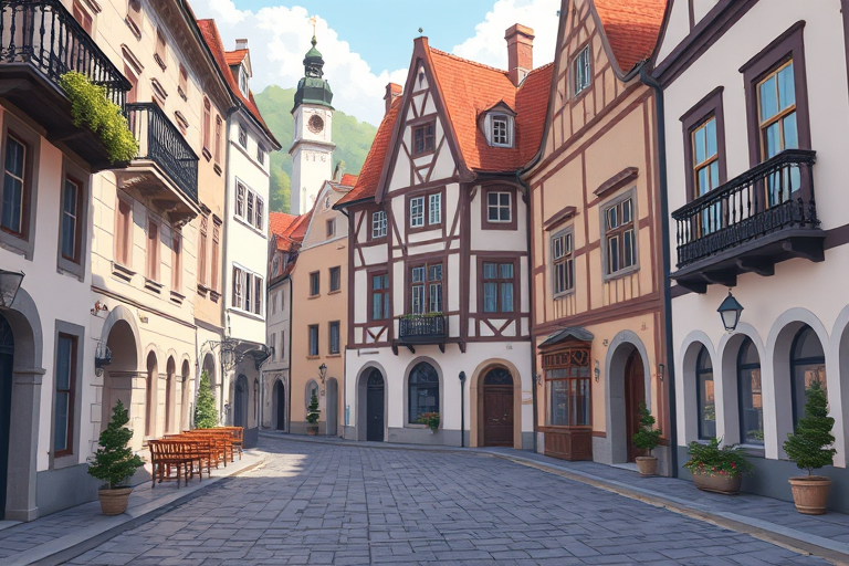 regenerate an illustrated scene of a quaint historical town square with traditional architecture, using a DSLR camera with a 50mm lens, aperture f/2.8, ISO 100, capturing the image in high-resolution color with a shallow depth of field, front view, natural lighting for enhanced details