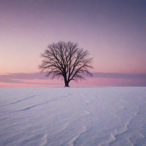 Sharp, high-contrast photo of a lone tree standing in a vast, snow-covered field at dusk, soft pink and purple hues painting the sky, shadows stretching across the snow, and a sense of isolation and beauty.