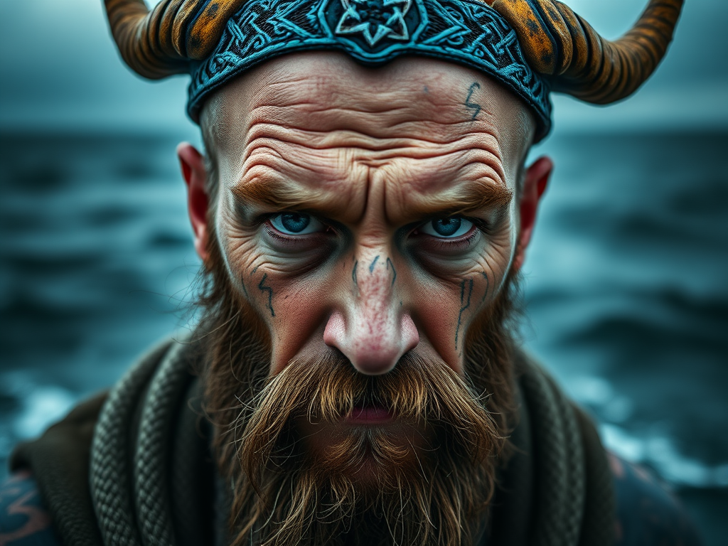 photorealistic portrait of a rugged man with a weathered face, wearing a horned blue headpiece, intense blue eyes, tattoos, and a flowing beard against a stormy sea backdrop, taken with a Canon EOS R5, 85mm f/1.2 lens, ISO 100, aperture f/1.2, shutter speed 1/200s, dramatic lighting, close-up shot