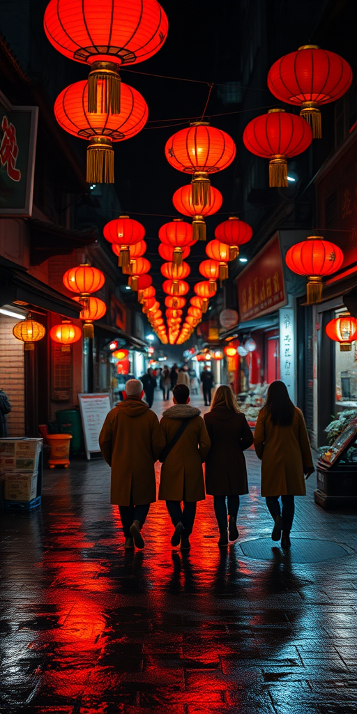 Create a nighttime street scene in a historical Asian market with glowing red lanterns, reflecting wet pavement, four figures walking away in long coats, shallow depth of field, 35mm lens, f/2.8 aperture, ISO 200, long exposure to enhance ambient light, high dynamic range imaging.