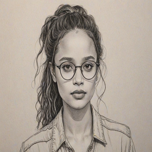 Splendid Sasha Lane, pencil sketch, portrait of Gorgeous woman 1980s in glasses, hair style beatnik, outline, clear lines, fine lines, 8k