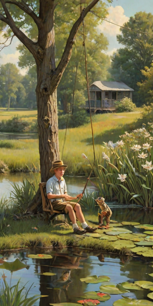 Imagine a small group of old fashioned young boys out fishing by the creek, a swing hanging from a tree branch, reeds and grasses by the water's edge, a frog sitting on a lily pad, dragonflies hovering over som water plans, a very iconic old fashioned scene reminiscent of a Norman Rockwell painting style