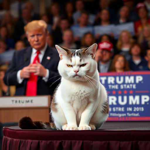 A close-up photograph of a white and black cat sitting on a table during an event where Donald Trump is giving a speech in front of a crowd. The cat's tail is curled beside it, and its predominantly white face displays a distinctive expression, resembling a domestic shorthair, with slightly squinted eyes that convey frustration. In front of the cat, Trump passionately addresses the audience, while the cat sits grumpily on the table, seemingly unimpressed by the political event unfolding around it.