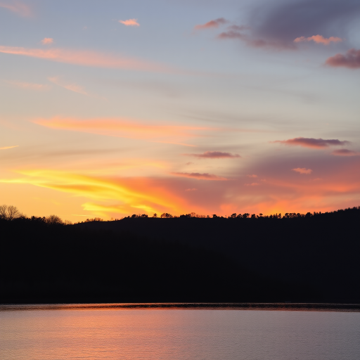 Create a high-resolution digital artwork of a serene landscape at sunset, capturing vibrant colors in the sky and reflections on a calm lake, shot with a Canon EOS R5, 24mm lens, f/11 aperture, ISO 100, in landscape orientation for optimal detail and clarity.