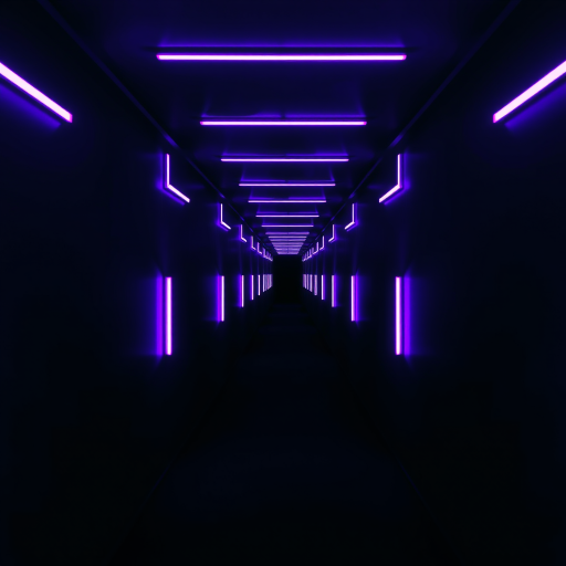 high-resolution image of a long, dark corridor illuminated by glowing purple neon lights on the walls, symmetrical perspective, taken with a DSLR camera at f/8 aperture, 24mm lens, ISO 100, long exposure for enhanced light trails, soft focus effect for depth.