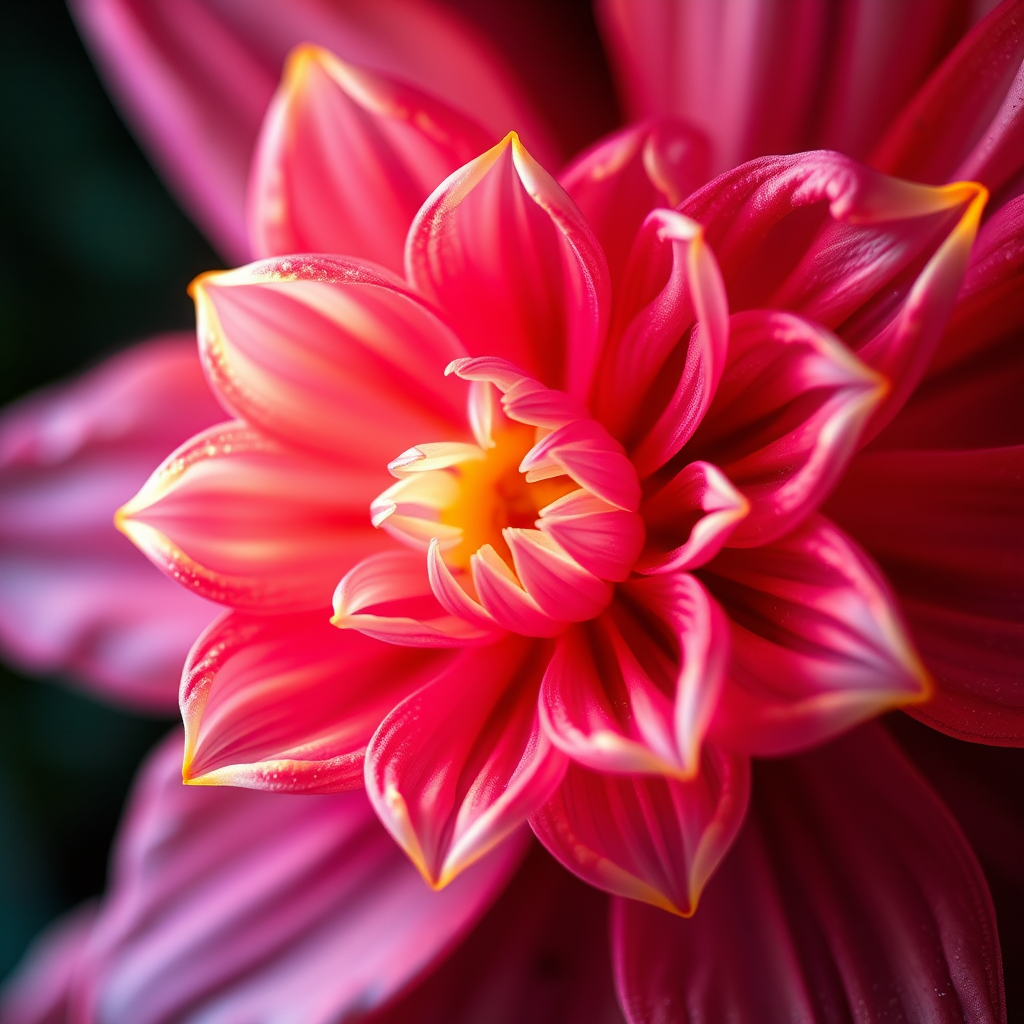 Create a vibrant, intricate digital flower with glowing edges and soft, ethereal details, using a high-resolution setting with a shallow depth of field, shot from a top-down view with a macro lens on a DSLR camera, aperture set to f/2.8, ISO 100, and a focus on enhancing luminescence and texture.