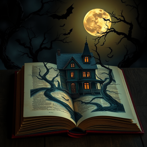 open book with a haunted house scene at night, surrounded by twisted trees, bats flying, full moon in the background, vibrant colors, intricate details, atmospheric lighting, DSLR camera, f/1.8 aperture, 35mm lens, ISO 100, 1/60 sec shutter speed, shot from above, high dynamic range, soft focus on the book edges
