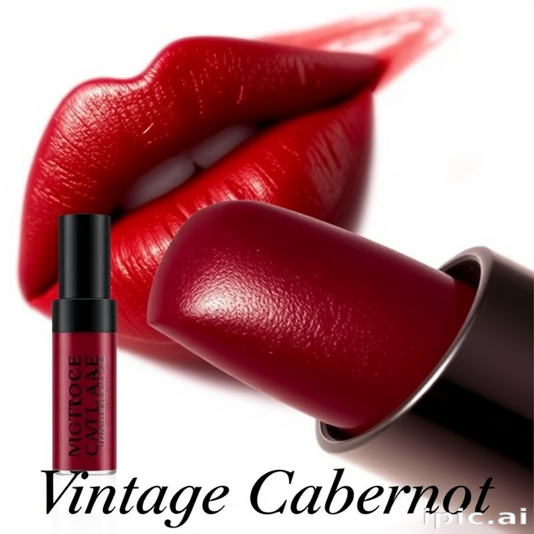 Rich burgundy liquid lipstick with metallic copper undertones, titled "Vintage Cabernet," providing full coverage and a luxurious satin finish, complementing autumn-inspired fashion