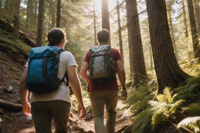 Blurry action shot of a group of friends hiking up a steep trail, soft golden light filtering through the trees, with backpacks and water bottles visible as they ascend.