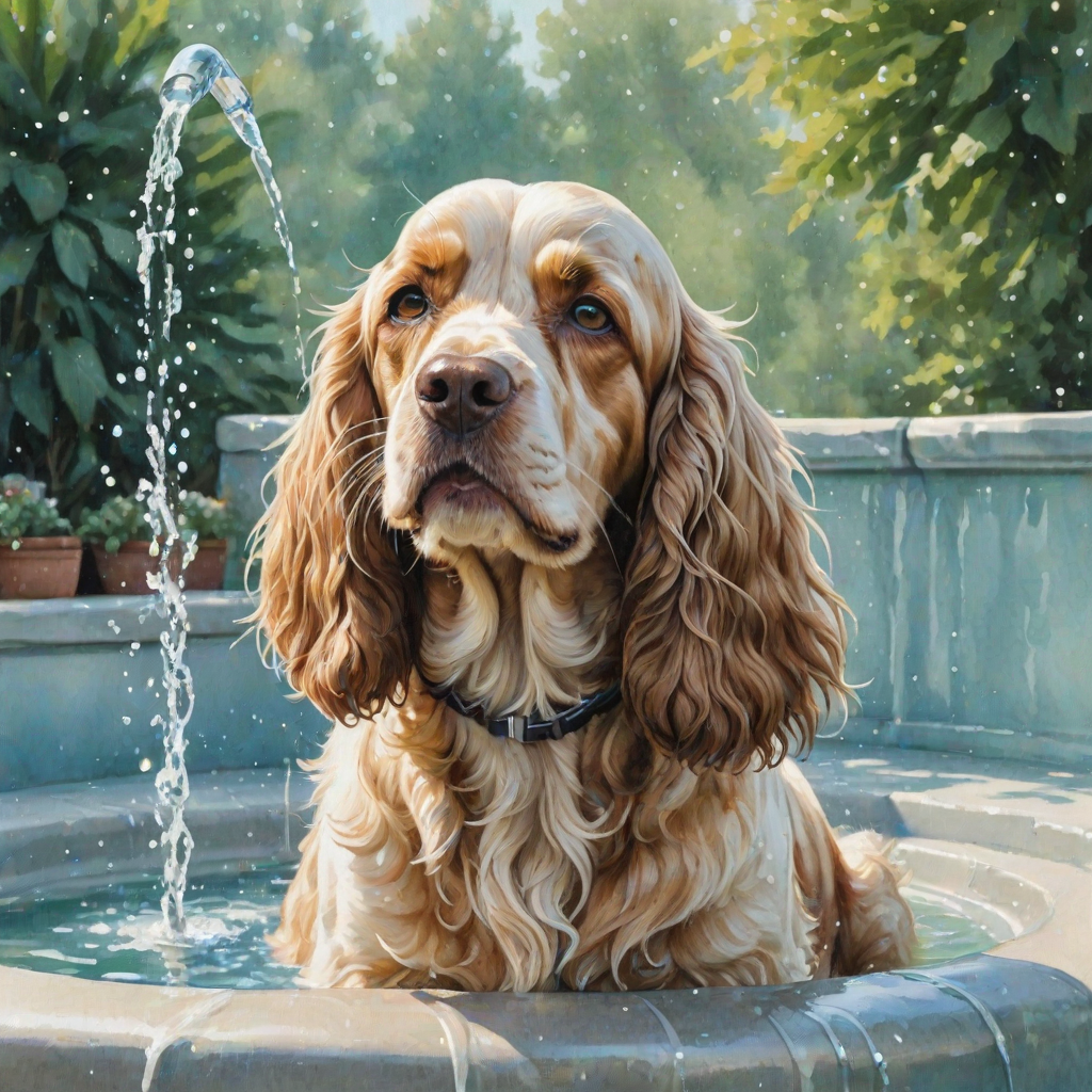 Watercolor ink illustration, A digitally created artwork of a Cocker Spaniel dog leaning on a water fountain, eyes closed, tongue out as if lapping water. The white dog has brown and cream patches, especially on its ears and face. Water splashes around it with detailed droplets. The background features a soft blue-green gradient, suggesting a sunny day. The style is realistic, focusing on the texture of fur and water for a lifelike, vibrant feel.