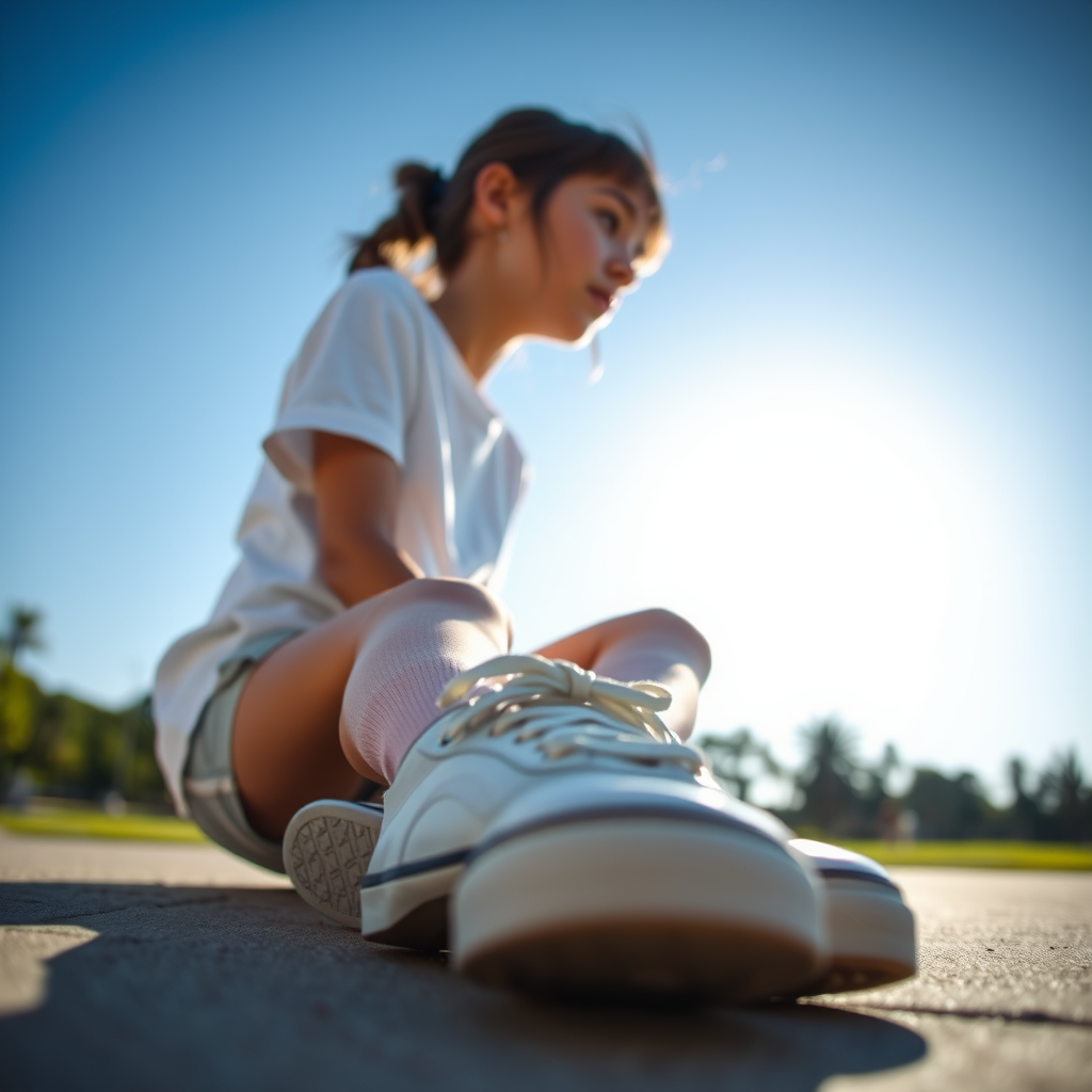 Generate an ultra-realistic, highly detailed, high-definition photograph. It's a photo of a girl sitting on the floor. She's looking at the horizon. The photo is taken from the bottom up, at ground level. The girl's sneakers are in the foreground, in the center of the scene. The girl is wearing light clothes, a t-shirt and short shorts. The sky is blue. Bright environment. The background is a blurred image of a park.