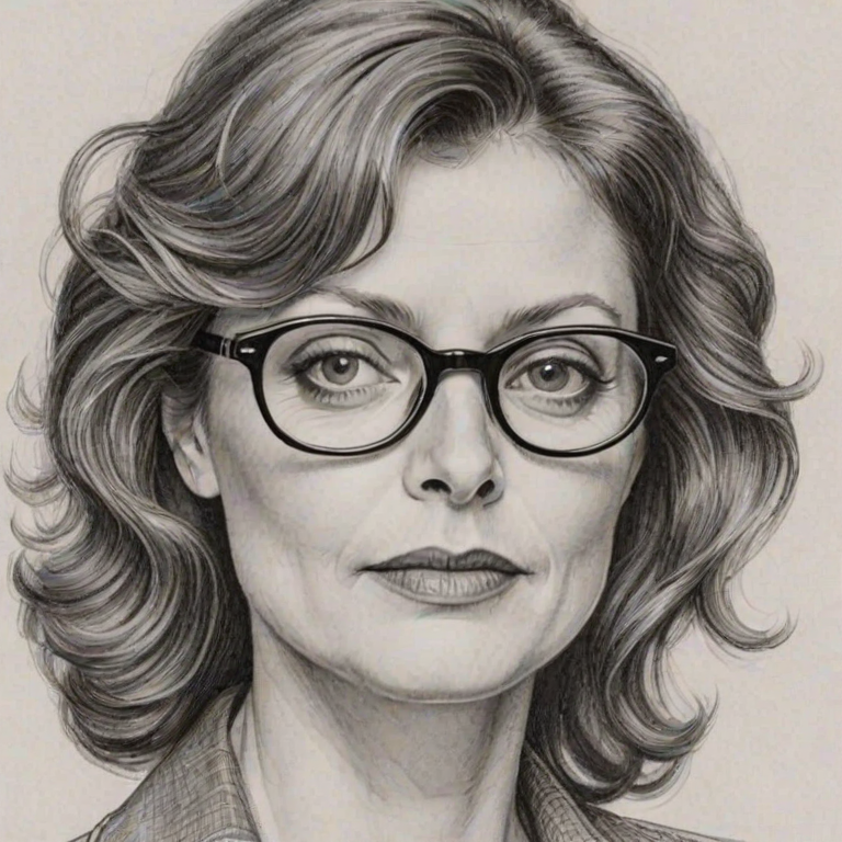Lovely Susan Sarandon, pencil sketch, portrait of Splendid woman 1942s in glasses, hair style beatnik, outline, clear lines, fine lines, 8k