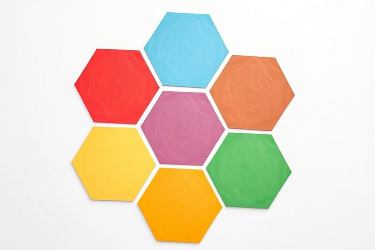 Create a high-quality image of a hexagonal pattern featuring seven colorful hexagons in a circular arrangement on a clean, white background, using a DSLR camera with a 50mm lens, aperture f/2.8, ISO 100, shot from a top-down view, with soft, diffused lighting for even color representation.