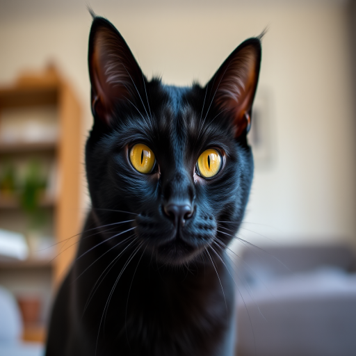 capture a close-up of a black cat with striking yellow eyes in a well-lit room with soft focus, using a DSLR camera with a 50mm lens, f/1.8 aperture, ISO 200, and a shutter speed of 1/200s to enhance detail and reduce noise