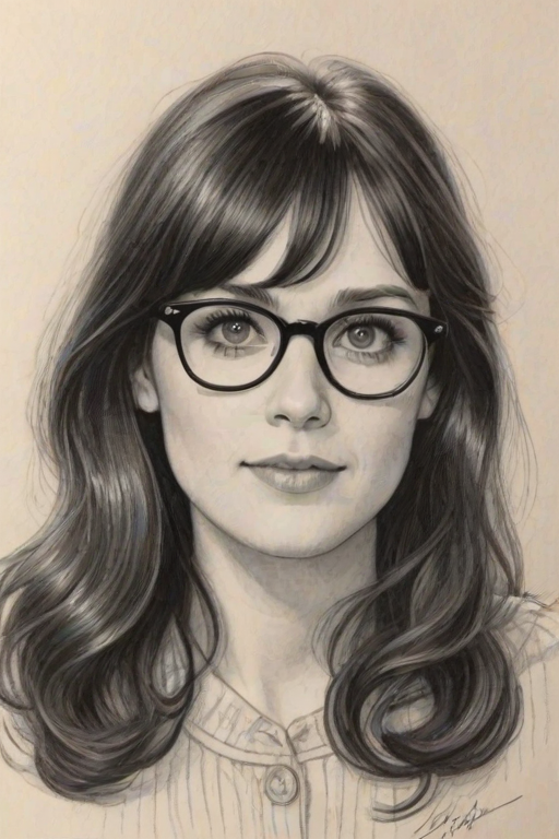 Pleasing Zooey Deschanel, pencil sketch, portrait of Sublime woman 1977s in glasses, hair style beatnik, outline, clear lines, fine lines, 8k