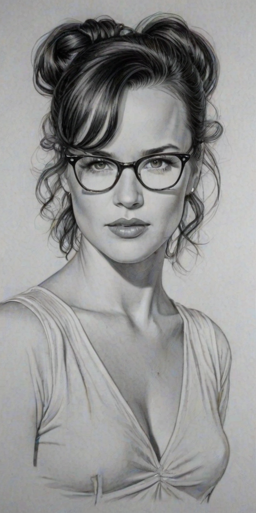 Ravishing Juliette Lewis, pencil sketch, portrait of Resplendent woman 1938s in glasses, hair style beatnik, outline, clear lines, fine lines, 8k