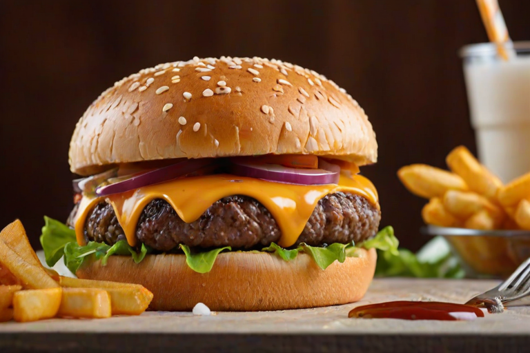 High-resolution, close-up image of a gourmet double cheeseburger. The burger features a glossy, sesame-seed-topped brioche bun. Inside, there are two thick, juicy beef patties, each topped with melted cheddar cheese. The burger is garnished with fresh lettuce, tomato slices, diced onions, and pickles. A generous amount of ketchup and a creamy, orange-colored sauce is dripping down the sides, adding to the mouth-watering appeal. In the background, there are blurred elements including a side of golden French fries and a hint of a beverage, enhancing the overall presentation of a delicious meal.