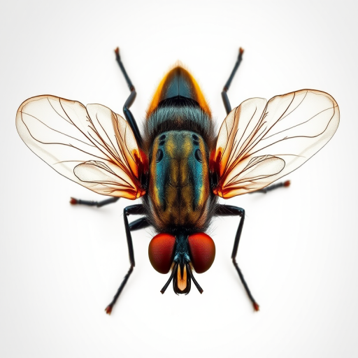 Create a highly detailed illustration of a fly from a top-down view, with a close-up perspective, using a DSLR camera with a 50mm lens, aperture set to f/1.8, ISO 100, and soft lighting to enhance the textures and features of the fly's body and wings.