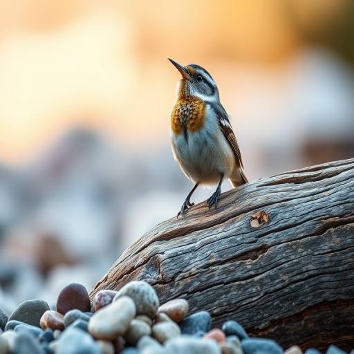 Capture a high-resolution image of a singing bird perched on a rustic log with pebbles in the foreground, using a DSLR camera with a 300mm lens, aperture f/4, ISO 200, shutter speed 1/500s, taken in natural light from a low angle to emphasize the bird's features and create a bokeh effect in the background.