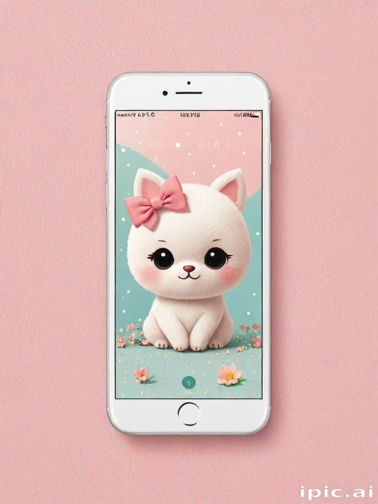 Adorable Cartoon Cat with Bow on a Cute Phone Wallpaper Background.