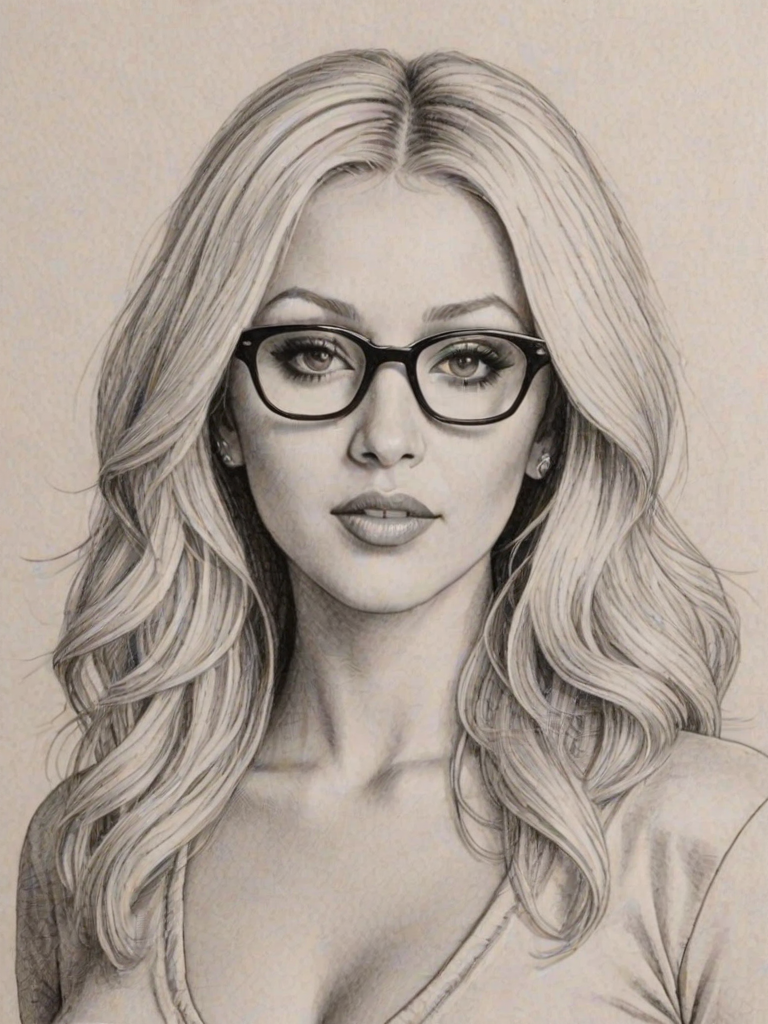 Captivating Christina Aguilera, pencil sketch, portrait of Comely woman 1976s in glasses, hair style beatnik, outline, clear lines, fine lines, 8k