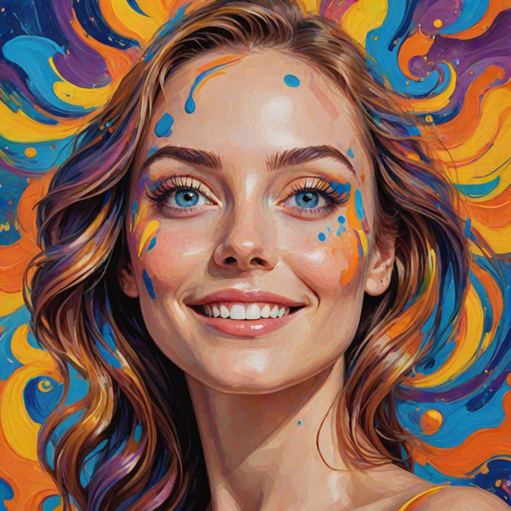 Generate a psychedelic portrait of a woman's happy face with brushstrokes of a woman smiling and looking up at the sky, emphasizing bright and bold colors. The dominant color should be deep blue, with swirling patterns of yellow, green, pink, purple and orange. open blue eyes with long eyelashes, apply an orange-yellow eyeshadow for a mesmerizing effect.