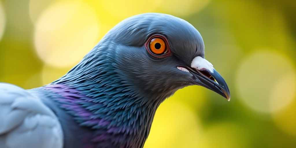 Capture a close-up photograph of a pigeon with a shallow depth of field, using a 50mm lens at f/1.8, ISO 100, shutter speed 1/200s, in natural light, with a soft bokeh background and clear focus on the bird's eye and beak.