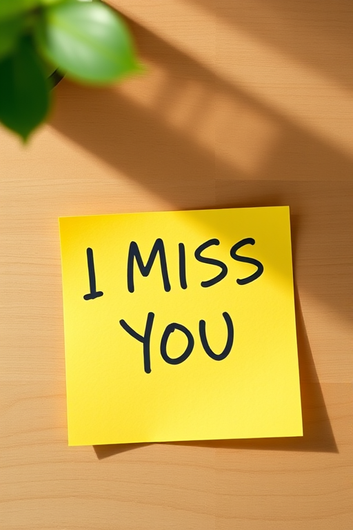 Create an image of a bright yellow sticky note with the text "I MISS YOU" written in bold, playful letters, captured with a Canon EOS R5, 50mm lens, f/1.8 aperture, ISO 100, natural lighting, and a slight top-down angle for a clean and vibrant look.