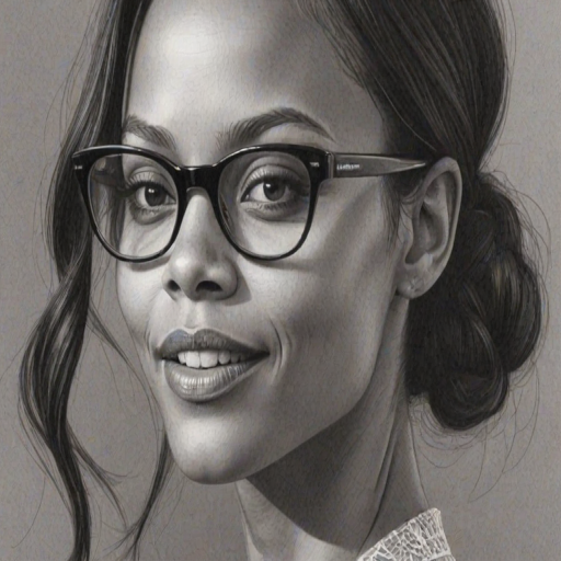 Fascinating Zoe Saldana, pencil sketch, portrait of Ravishing woman 1957s in glasses, hair style beatnik, outline, clear lines, fine lines, 8k