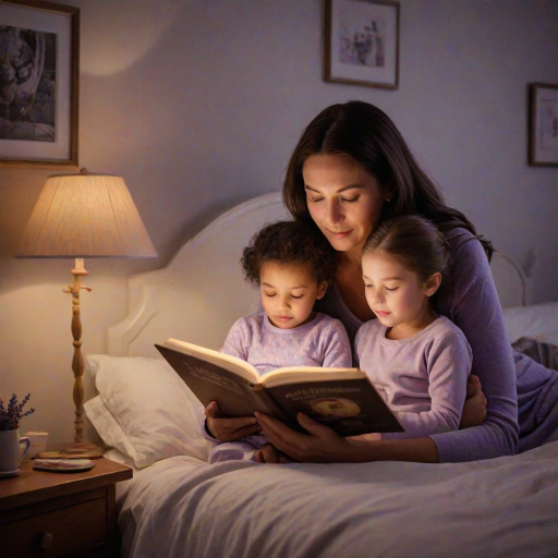 Warm, softly lit image of a mother reading a bedtime story to her child in a cozy bedroom, soft glow from a nearby lamp casting a warm light on their faces, the smell of lavender in the air, the child's eyes slowly closing as they drift off to sleep.