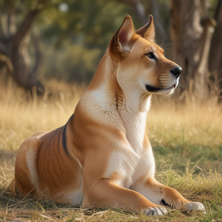 A Majestic Dog Resting Gracefully in a Sunlit Meadow Landscape.