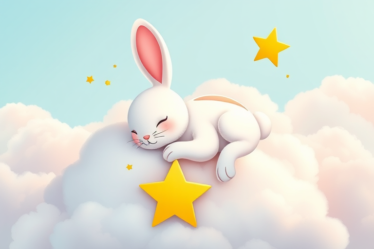 Create a cute cartoon rabbit resting on fluffy clouds with a star, using a bright color palette, in a digital art style, shot with a Canon EOS R5 at f/2.8, 1/125 sec, ISO 100, top-down view for enhanced detail and vibrancy.
