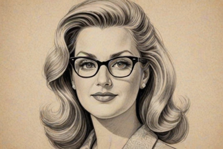 Charming Trisha Yearwood, pencil sketch, portrait of Elegant woman 1942s in glasses, hair style beatnik, outline, clear lines, fine lines, 8k