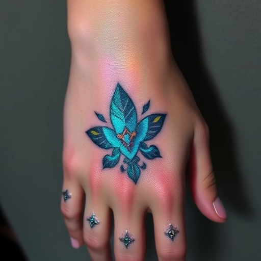 Holographic foil effect tattoo on the back of the hand, utilizing specialized ink and techniques to create a shimmering, color-shifting illusion that catches the light