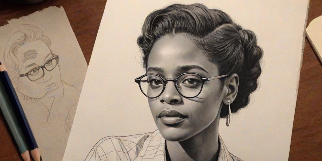 Enchanting Lakeith Stanfield, pencil sketch, portrait of Alluring woman 1937s in glasses, hair style beatnik, outline, clear lines, fine lines, 8k