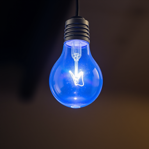 Create a high-resolution image of a glowing blue lightbulb hanging from a thin wire, taken with a DSLR camera at f/2.8, ISO 100, 1/250 sec, using a macro lens from a low angle perspective to emphasize the light and details in the bulb.